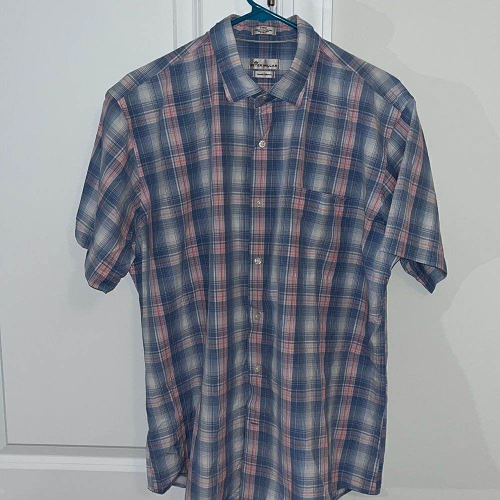 Seaside Collection Peter Millar Blue Pink Silk Cotton Blend check plaid shirt L